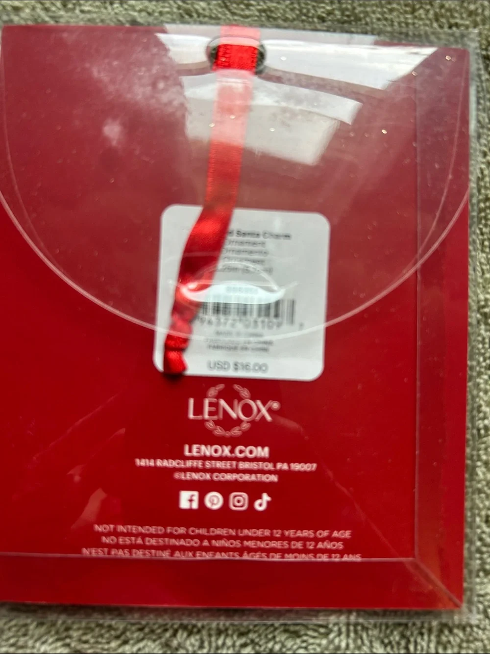Lenox White Ceramic Santa Face Ornament with Red Ribbon